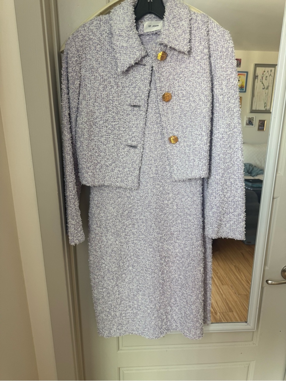 St. John Lilac Bouclé Cropped Jacket & Skirt Set